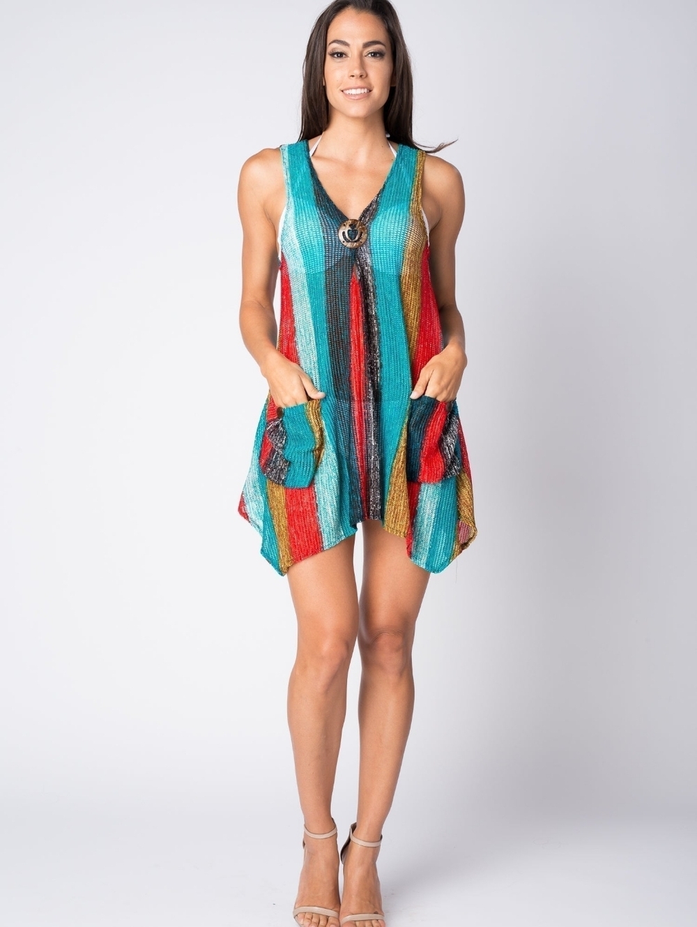 Paradise Multi Color Striped Swim Cover Up Tunic Ring Detail w/ Pockets Size L